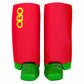 Red shin guard covers with green kickers and yellow logo on a white background