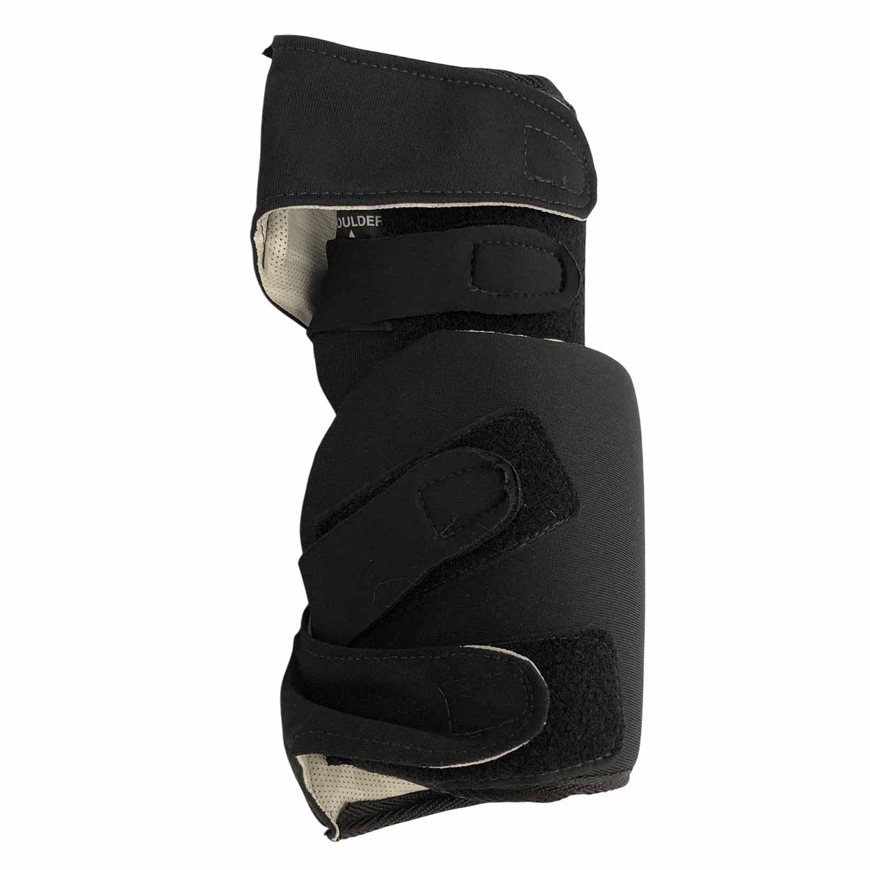 Rear view of a single OBO Robo Lite elbow guard showing multiple Velcro straps for adjustable fitting and secure placement on the arm.