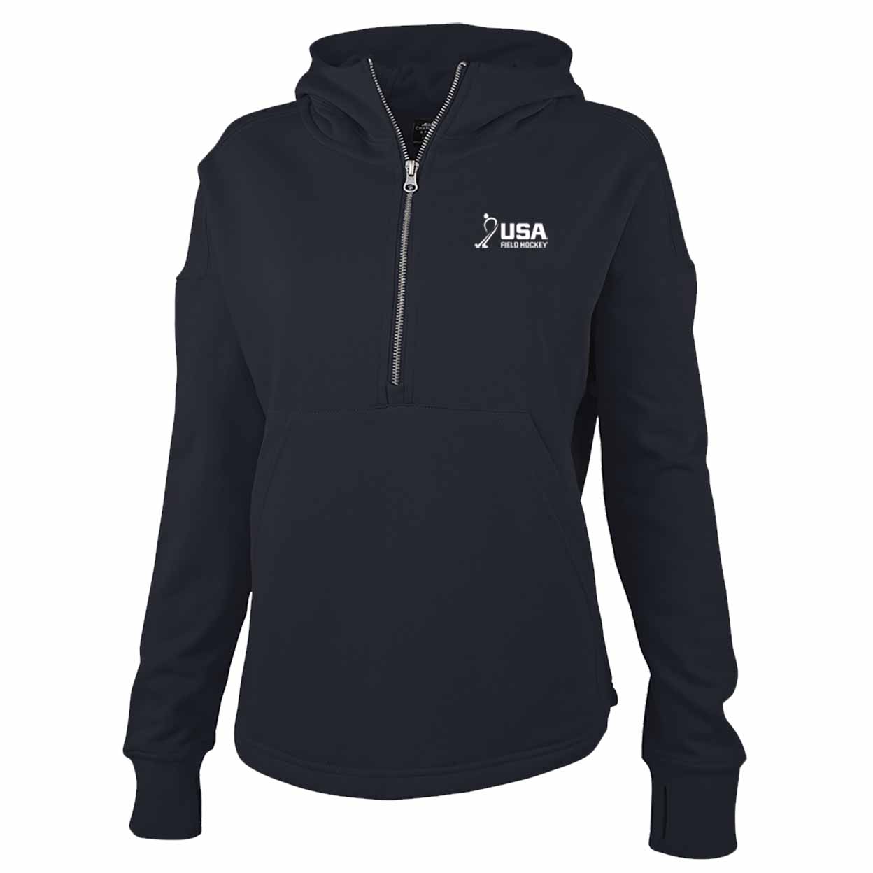 Navy hoodie with USA Hockey logo on a white background
