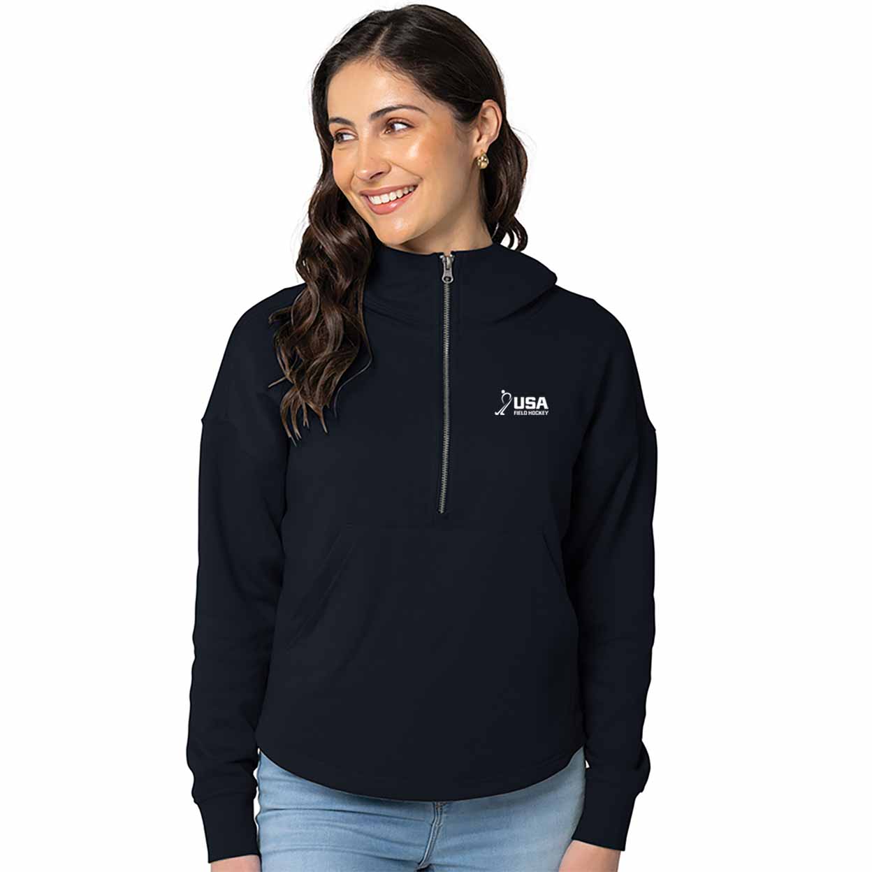 Woman wearing a navy pullover with a logo on a white background