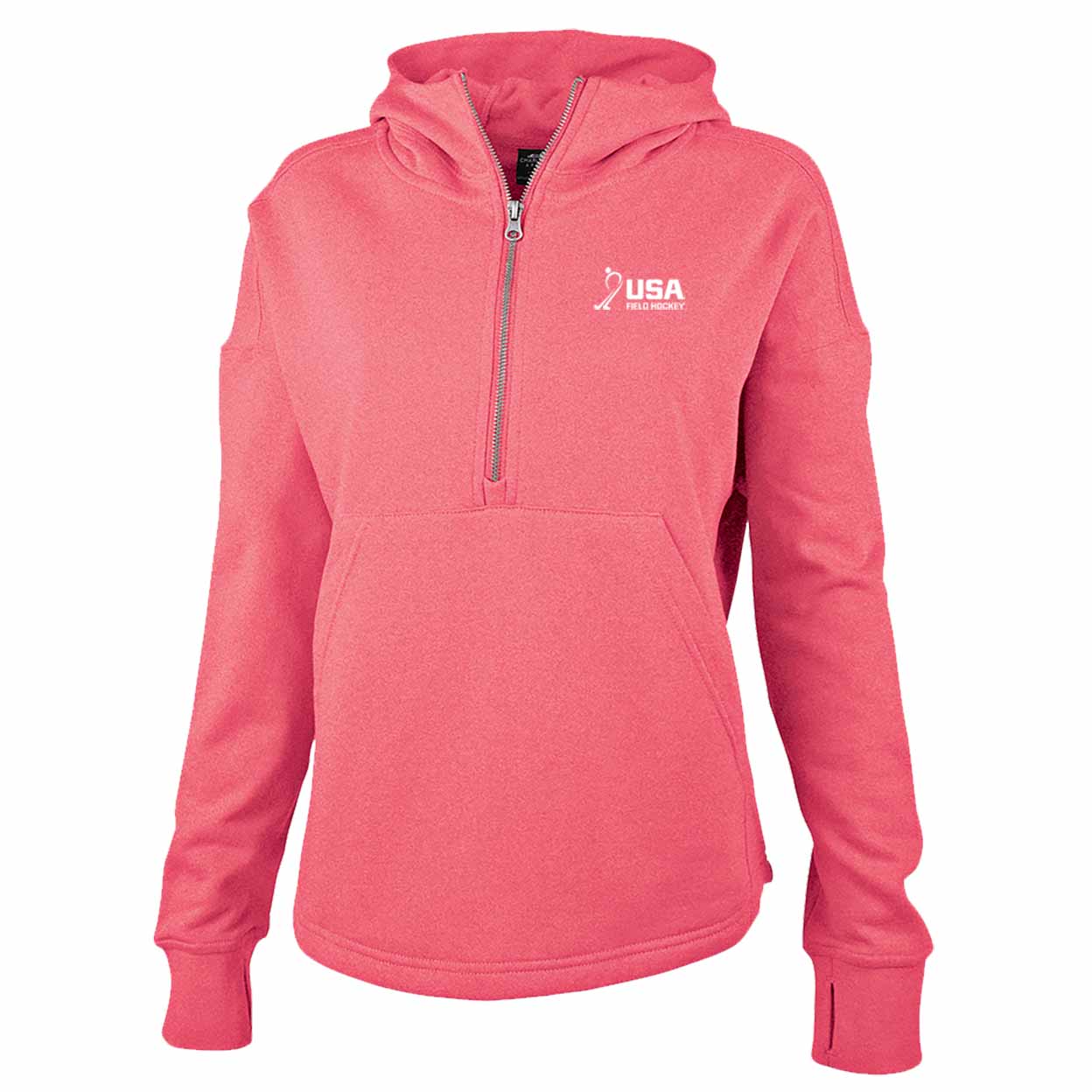 Pink hoodie with a USA logo on a white background
