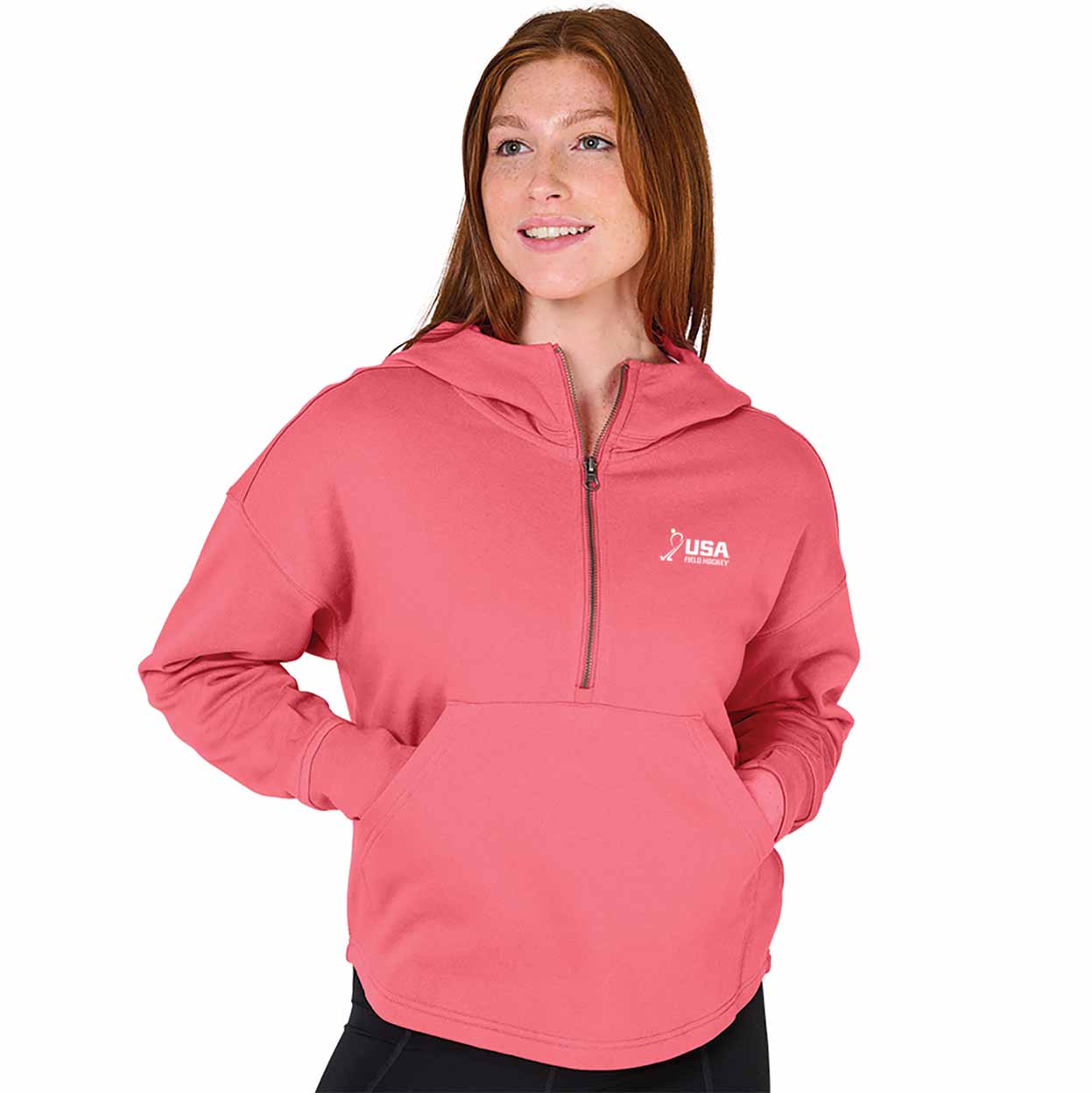 Woman wearing a pink pullover with a USA logo on a white background