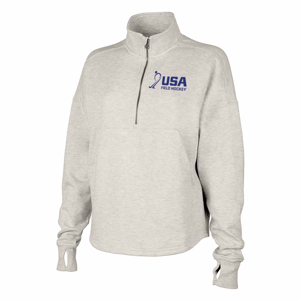 Gray pullover with USA Field Hockey logo on a white background