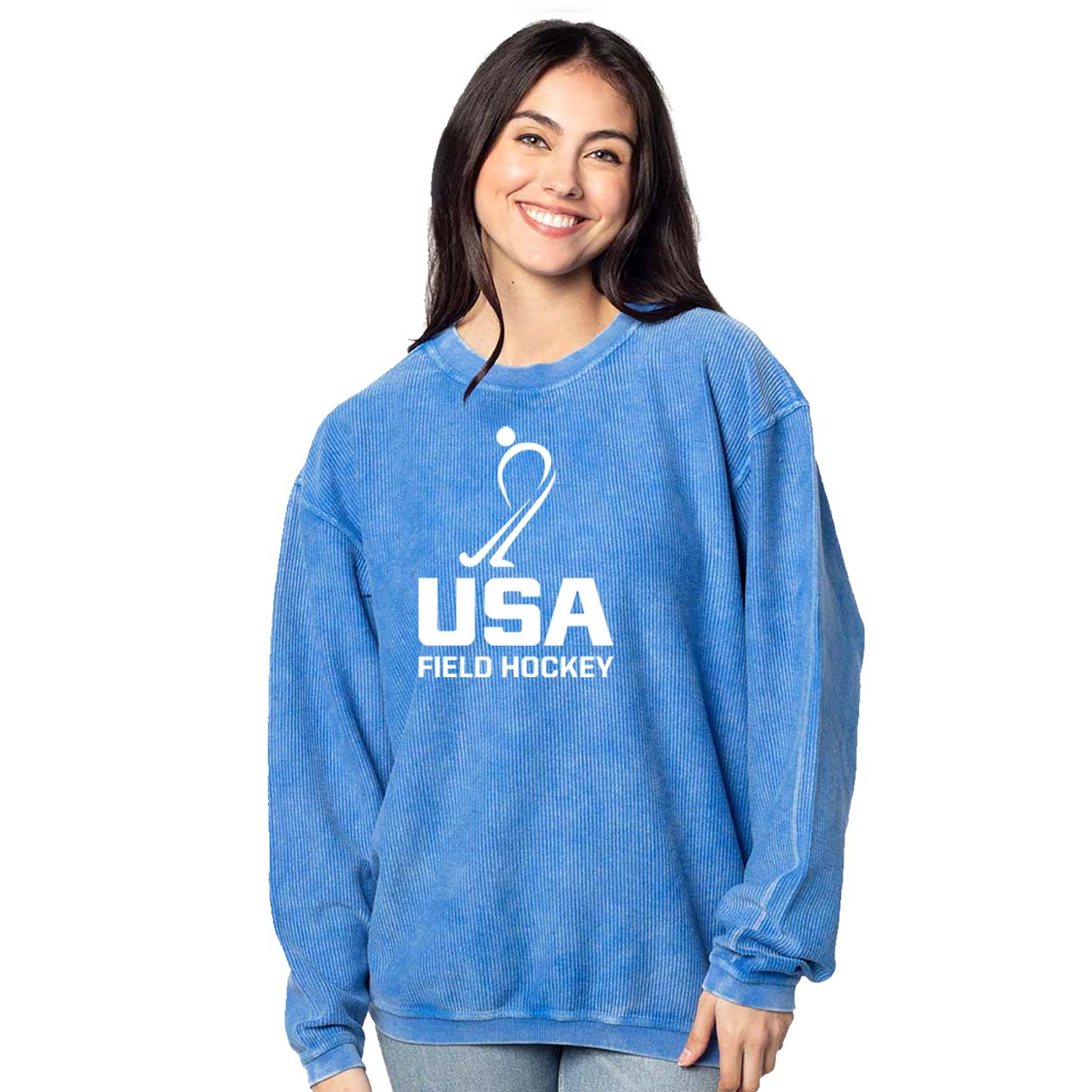 royal blue USA Field Hockey Ribbed Knit Sweatshirt on a model