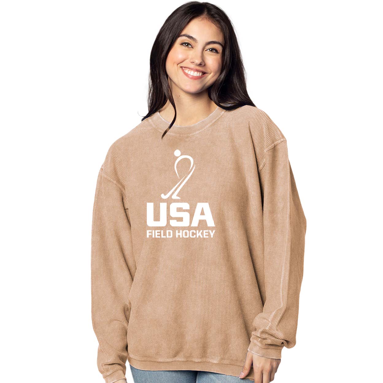 tan USA Field Hockey Ribbed Knit Sweatshirt on a model