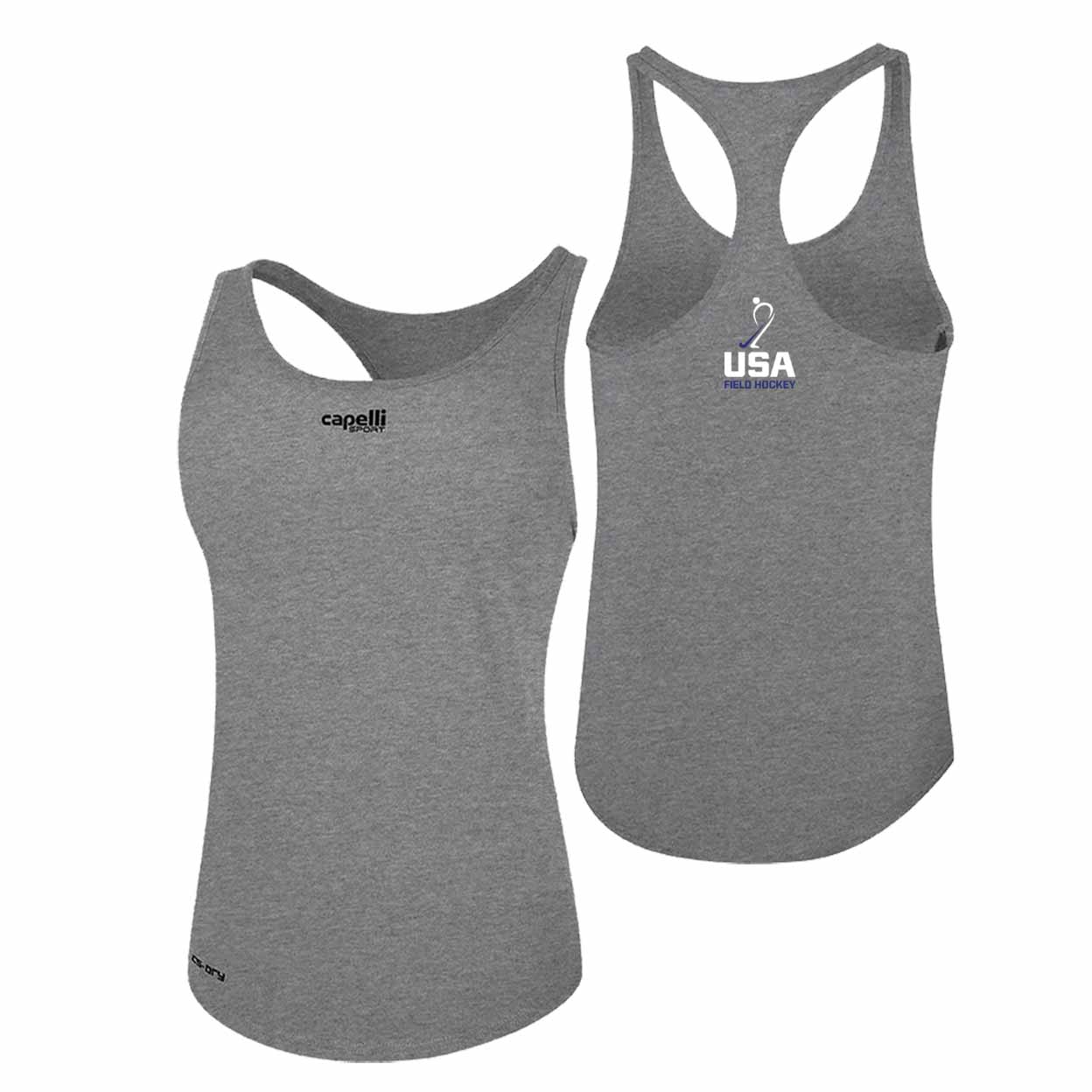 Gray tank top with 'capelli' logo on front and 'USA' logo on back, on a white background