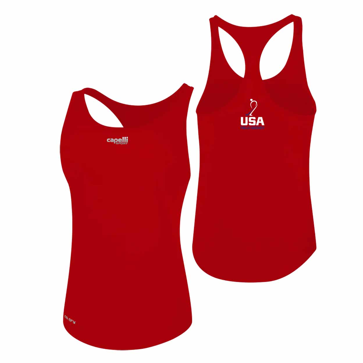 Red tank top with 'capelli' logo on front and 'USA' logo on back, on a white background