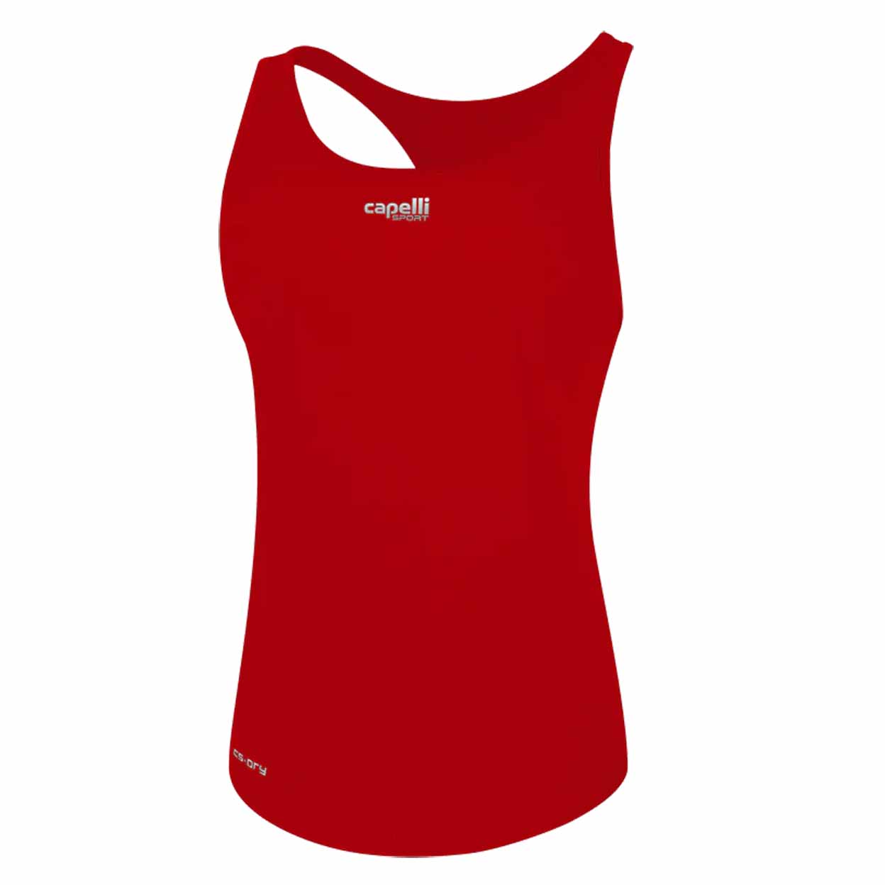 Red tank top with 'capelli' logo on a white background