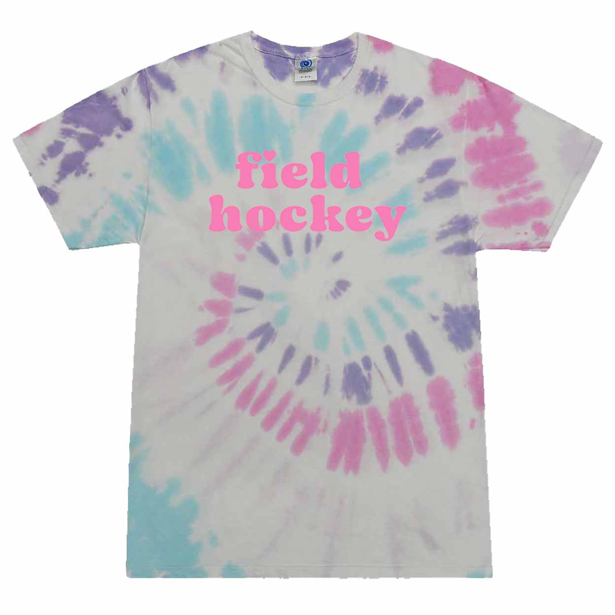 Tie-dye T-shirt in pastel colors of pink, purple, and blue with a spiral pattern. The shirt has the words 'field hockey' printed in bold, rounded pink letters on the front.