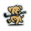 Stick of a cartoon dog carrying a field hockey stick in his mouth.