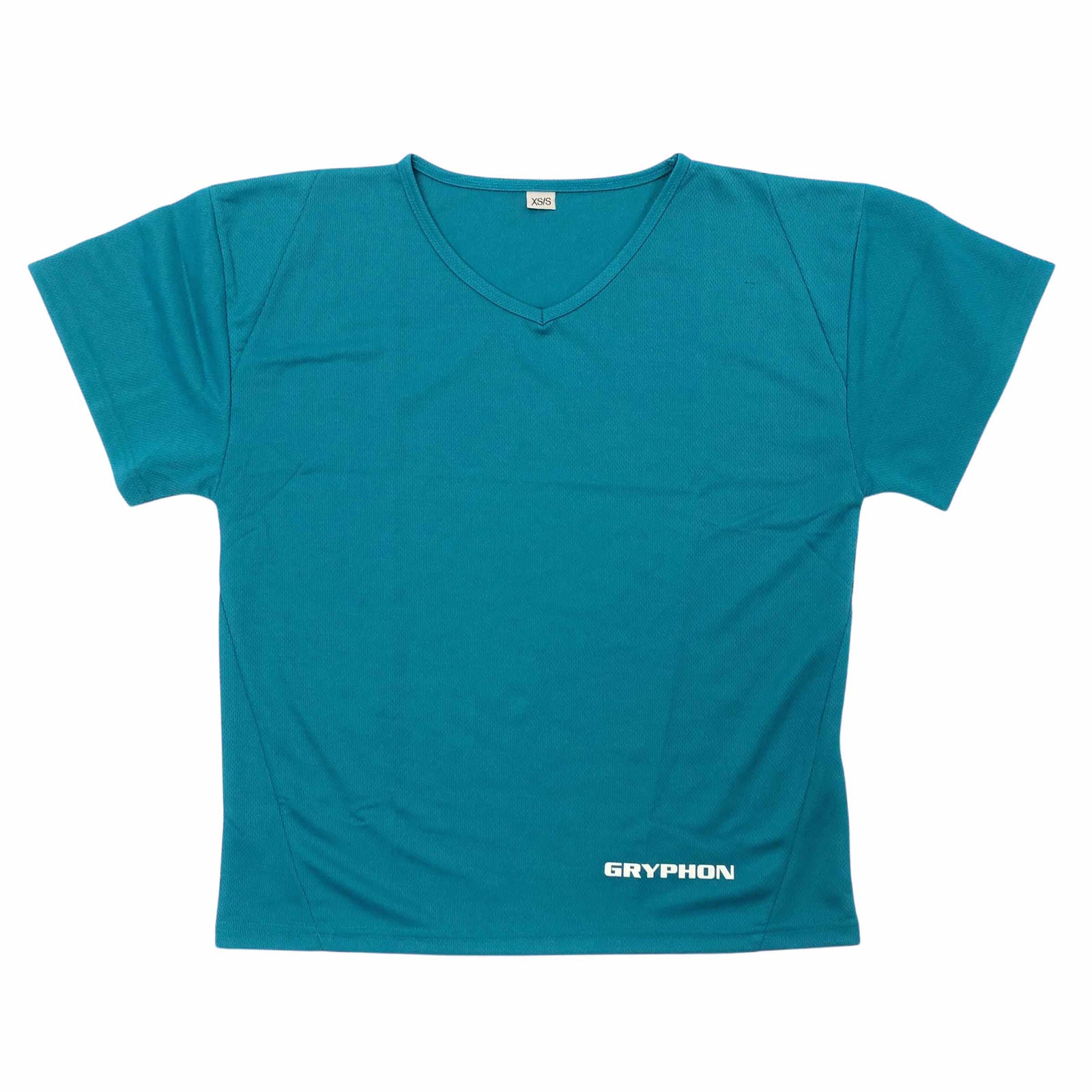 A vibrant cyan V-neck short-sleeve goalkeeping jersey by Gryphon, marked by the brand's white logo near the bottom front.
