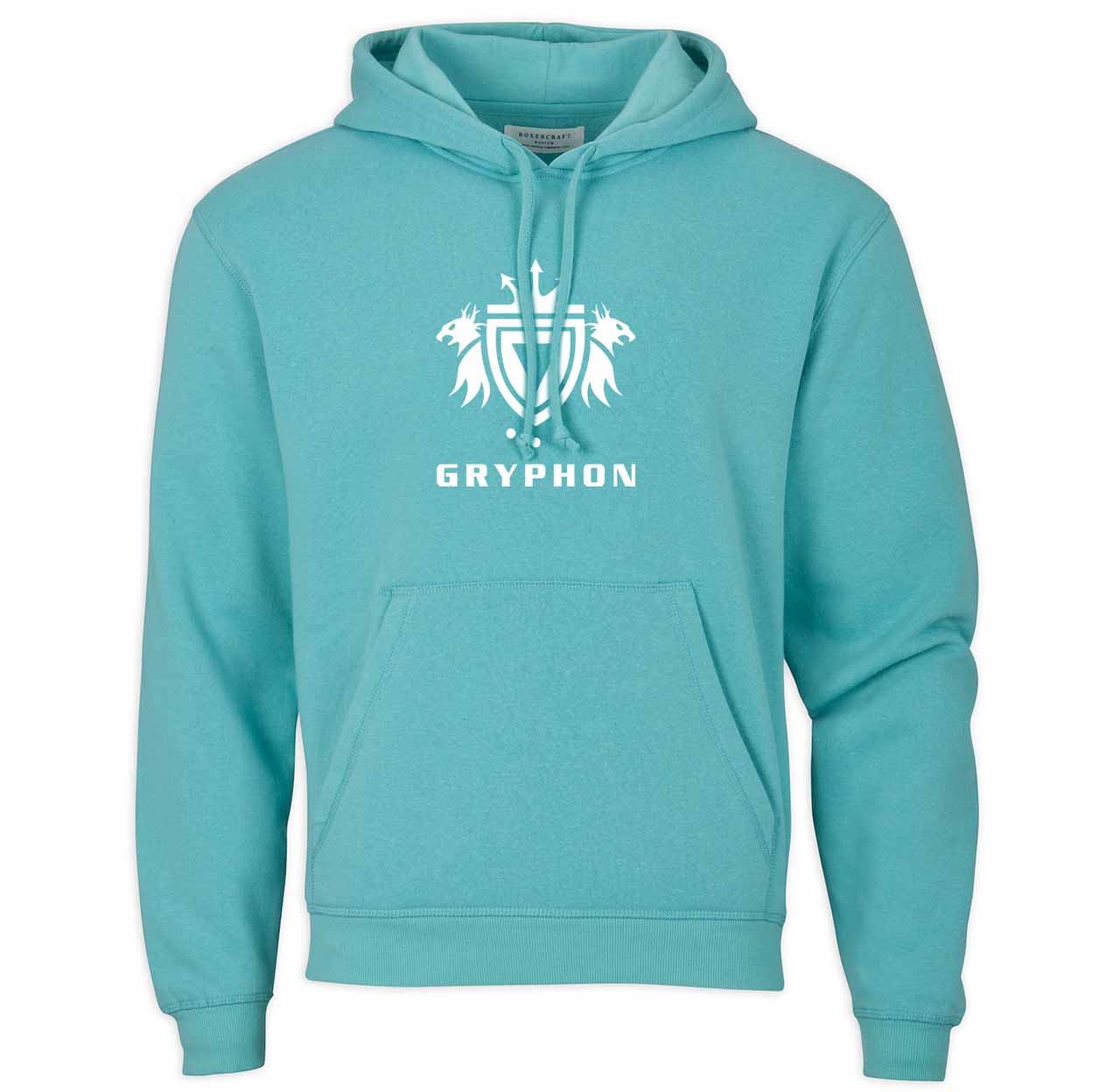Turquoise hoodie with a white Gryphon logo and text on a white background