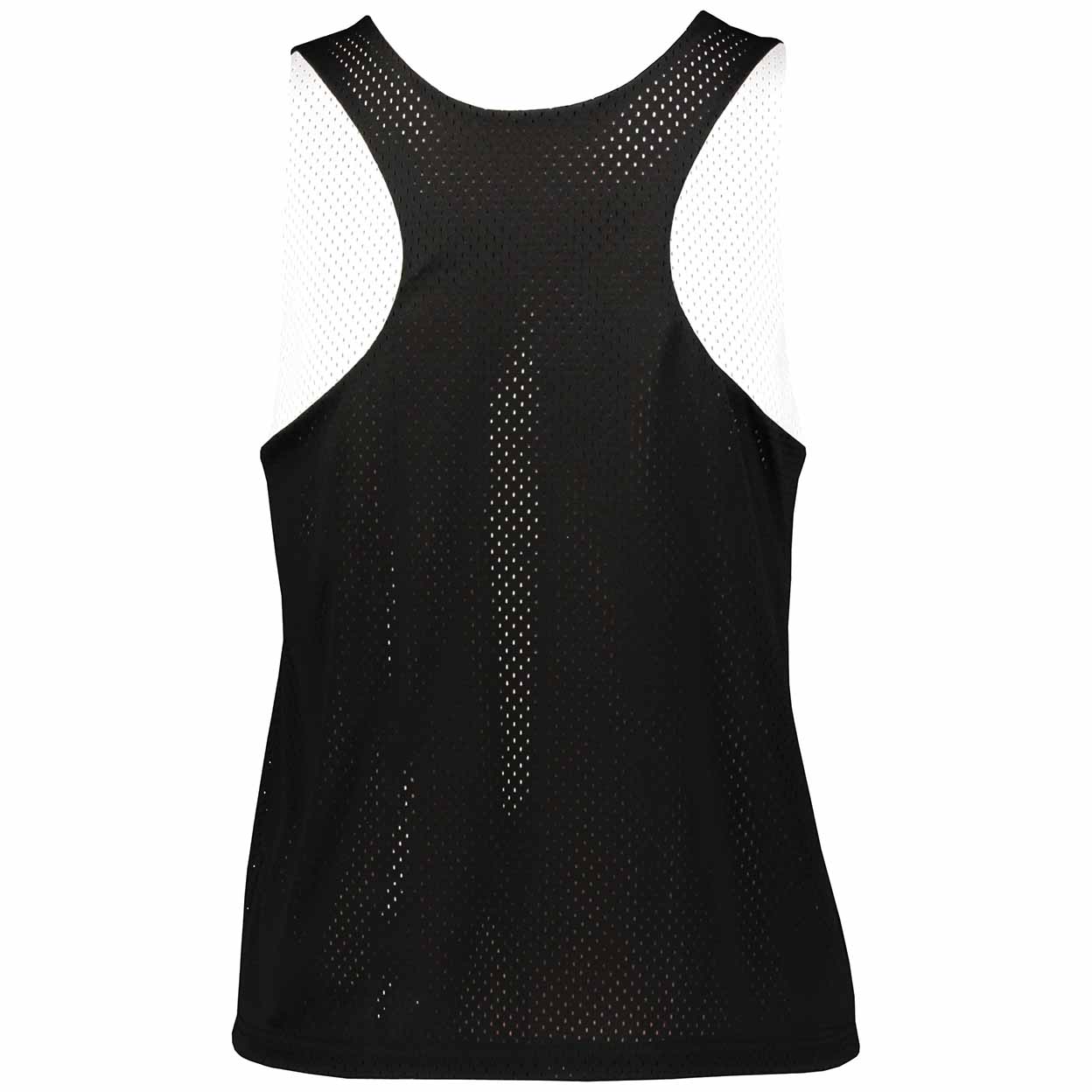 Black athletic tank top with a perforated mesh pattern and white mesh side panels, shown from the back on a white background.