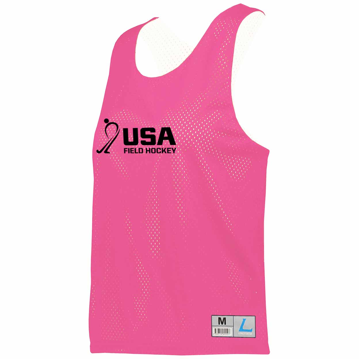 A bright pink mesh athletic tank top with a black 'USA FIELD HOCKEY' graphic on the left chest and a size label at the bottom hem, shown on a plain white background.
