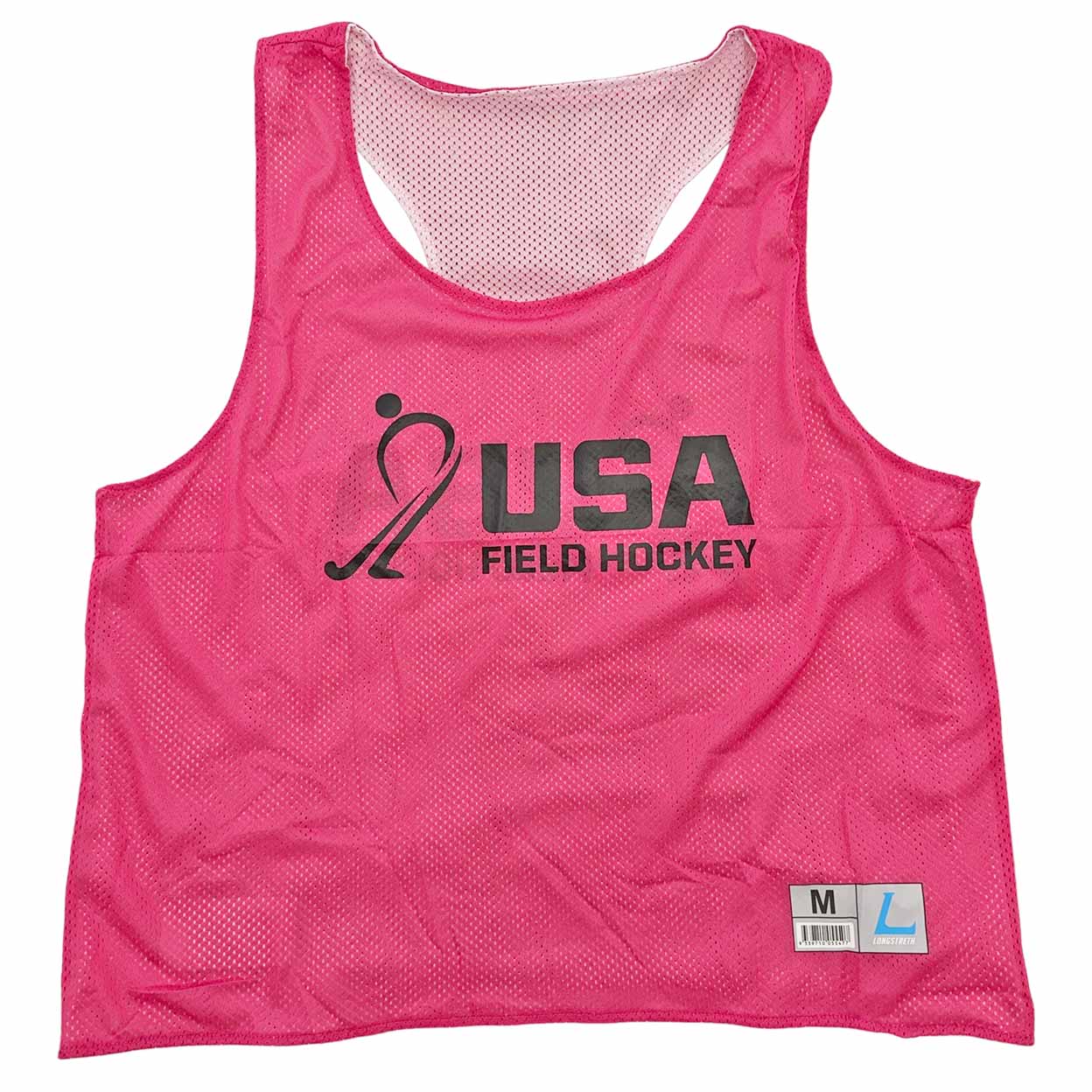 A bright pink mesh athletic training pinnie with 'USA FIELD HOCKEY' printed in black on the front, featuring a size tag in the bottom right corner.