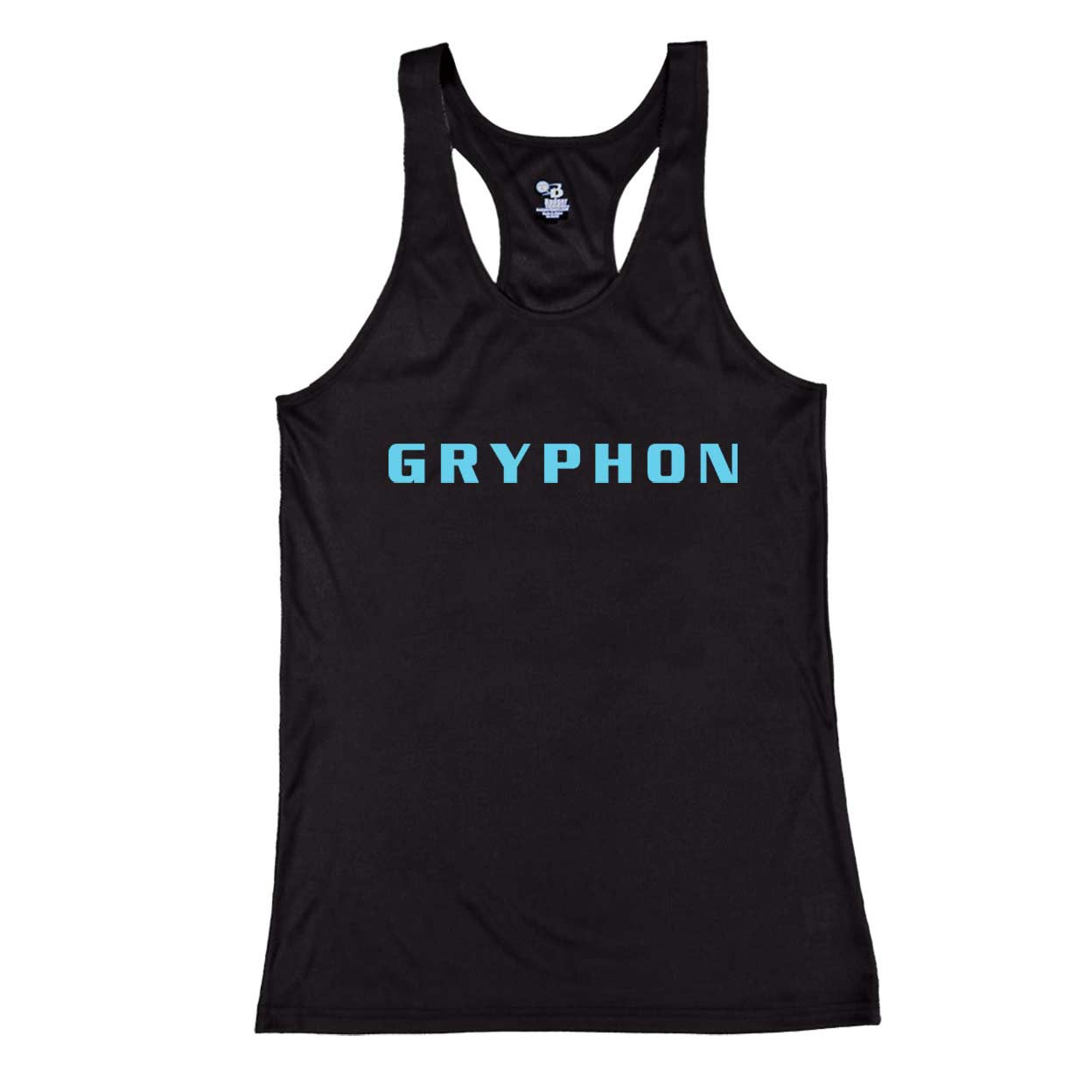 Black racerback tank top with Gryphon logo in blue on the front.