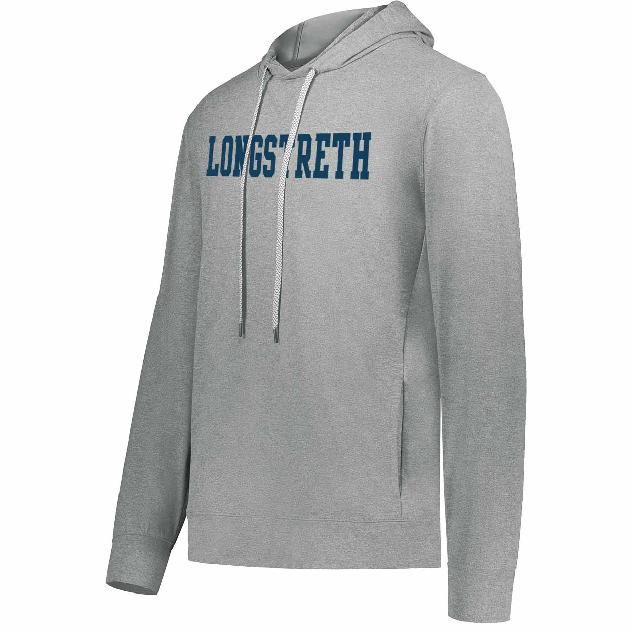 A heather gray pullover hoodie with 'LONGSTRETH' printed in navy blue block letters across the chest, shown on a plain white background.