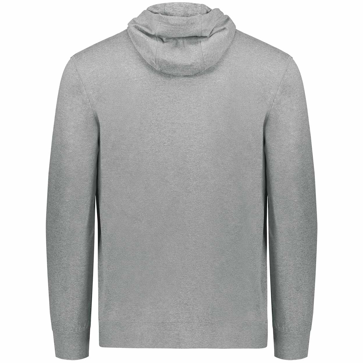 A light gray heathered pullover hoodie shown from the back, featuring a high folded hood and long sleeves, set against a plain white background.