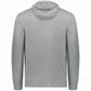 A light gray heathered pullover hoodie shown from the back, featuring a high folded hood and long sleeves, set against a plain white background.