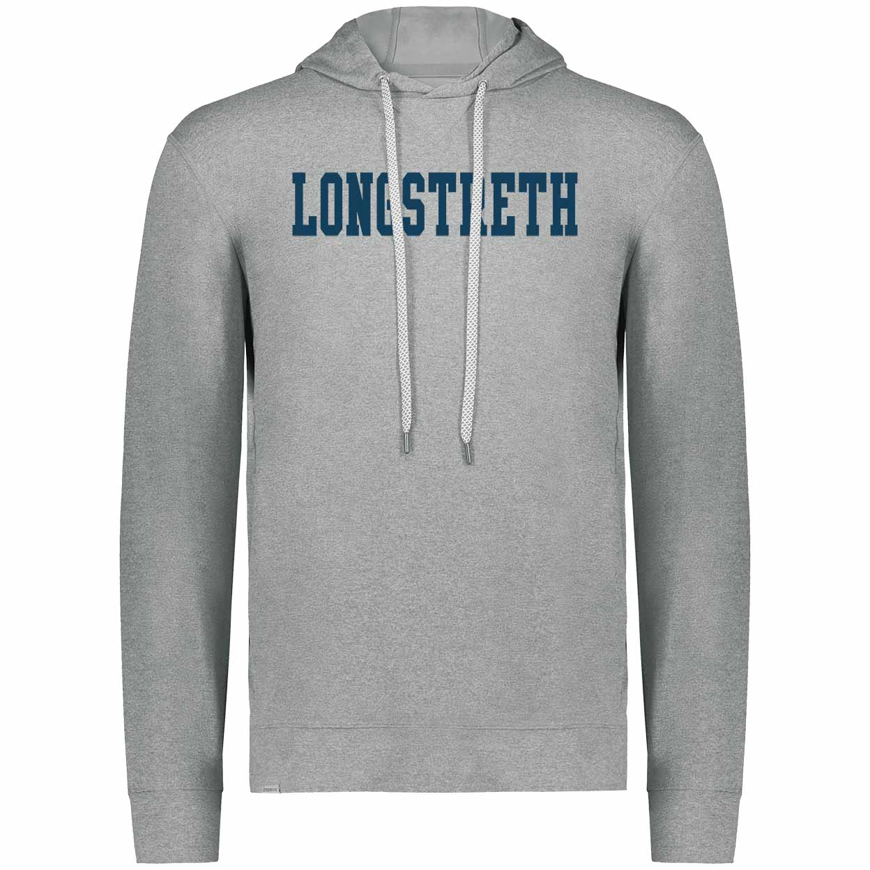 A heather gray pullover hoodie with 'LONGSTRETH' printed across the chest in navy blue varsity-style block letters, featuring grey drawstrings, shown on a plain white background.