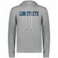 A heather gray pullover hoodie with 'LONGSTRETH' printed across the chest in navy blue varsity-style block letters, featuring grey drawstrings, shown on a plain white background.