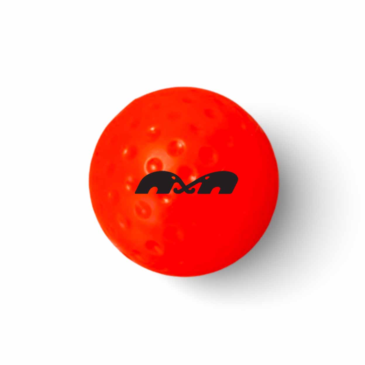 Orange ball with a black logo on a white background