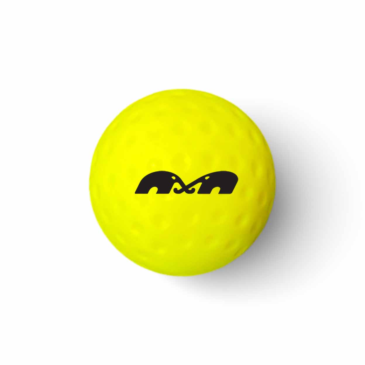 Yellow ball with a black logo on a white background