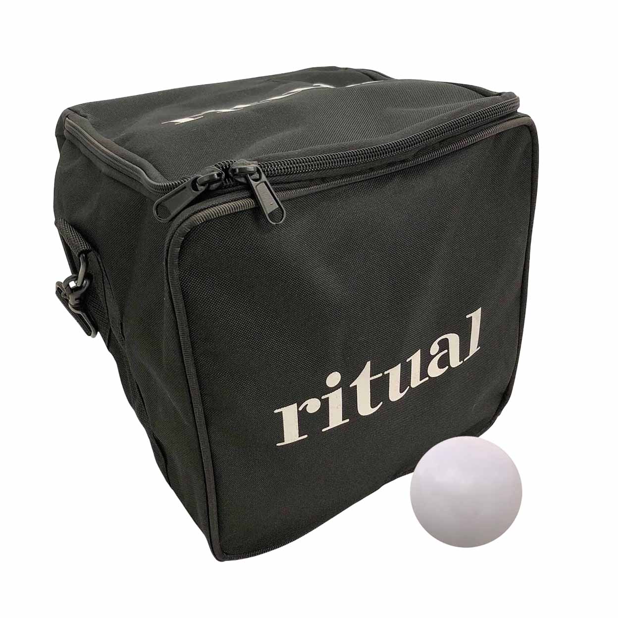 A black fabric zippered carrying case with the word 'ritual' printed in white text on the front, shown on a plain white background with a white oval object placed beside it.