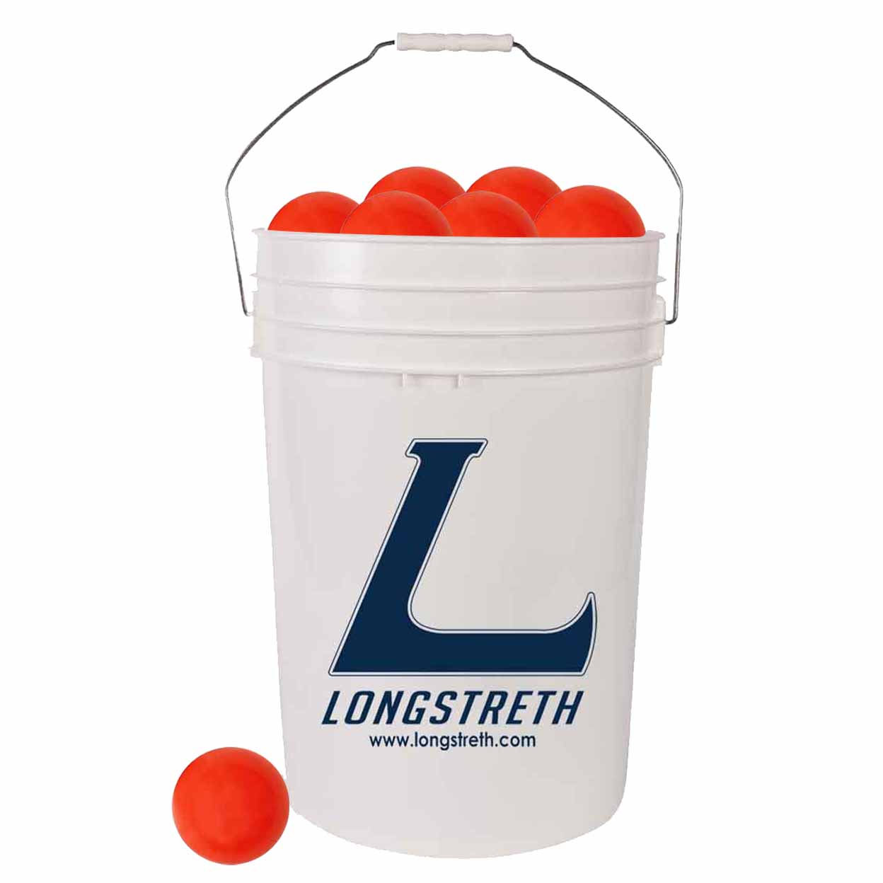 White bucket with orange balls and 'Longstreth' logo on a white background