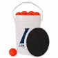 White bucket with orange balls and a black lid on a white background
