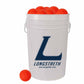 White bucket with a blue 'L' logo and orange balls on a white background