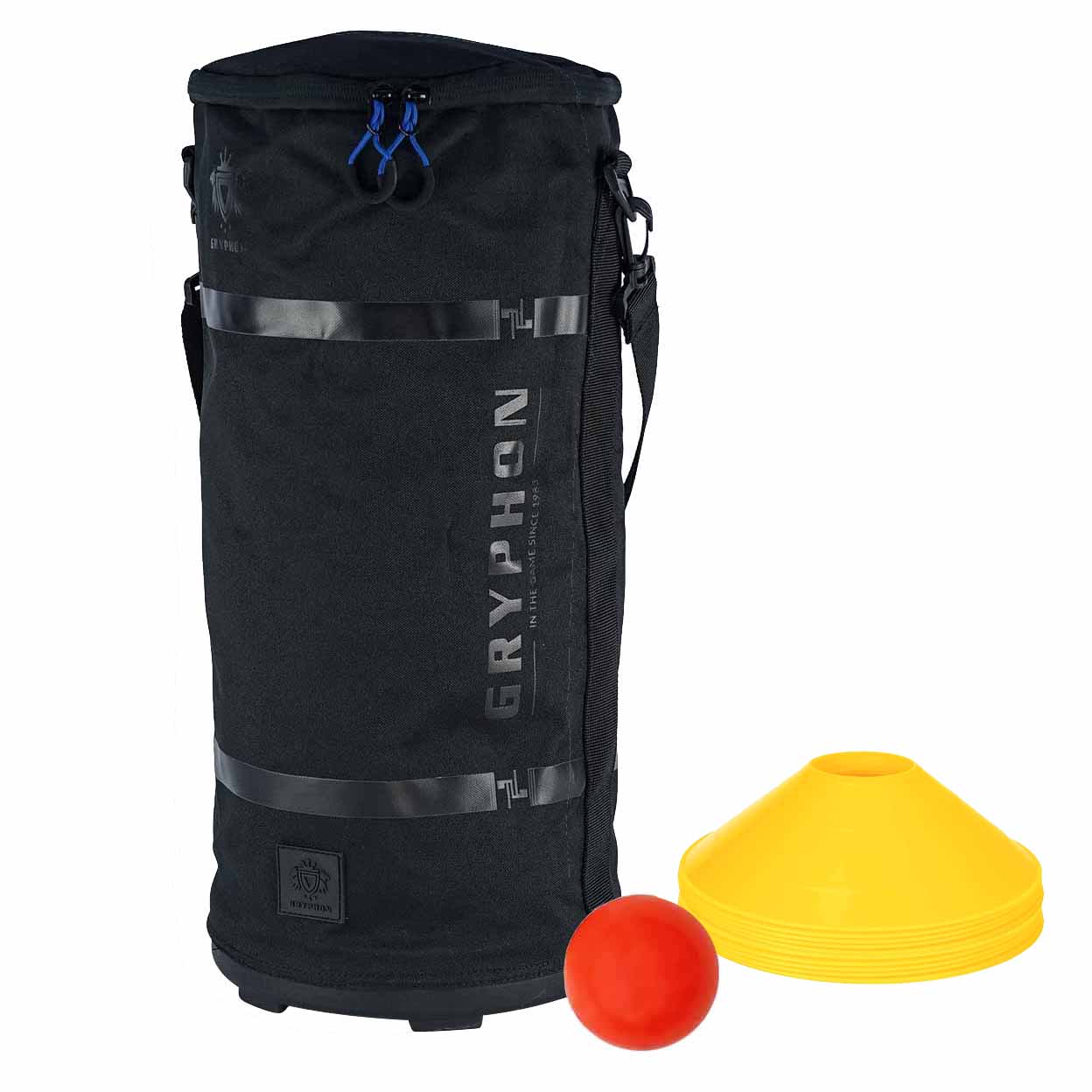 A black cylindrical training bag and vertical 'Gryphon' branding, shown on a white background with a yellow cones and orange ball accessory.