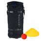 A black cylindrical training bag and vertical 'Gryphon' branding, shown on a white background with a yellow cones and orange ball accessory.