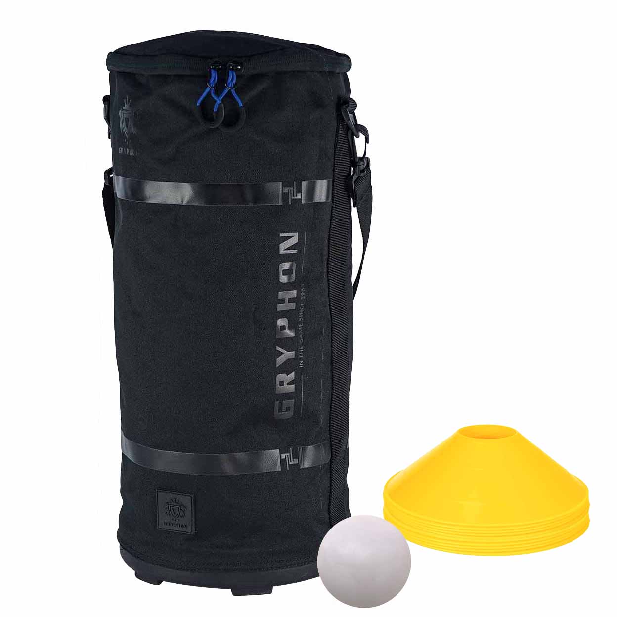 A black cylindrical training bag with the brand name 'Gryphon' printed vertically on the front, shown alongside a white ball and a yellow cone on a plain white background.