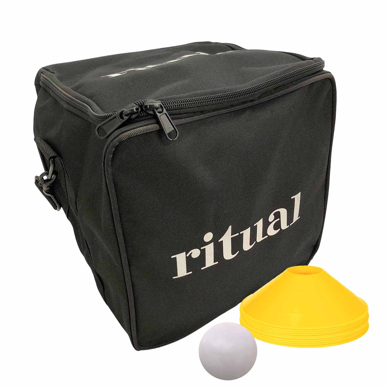 A black zippered carrying case with the word 'ritual' printed in white on the front, shown with yellow cones and a white ball on a plain white background.