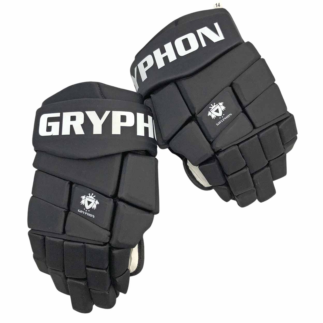 Pair of black hockey gloves with 'Gryphon' branding on a white background