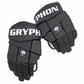 Pair of black hockey gloves with 'Gryphon' branding on a white background