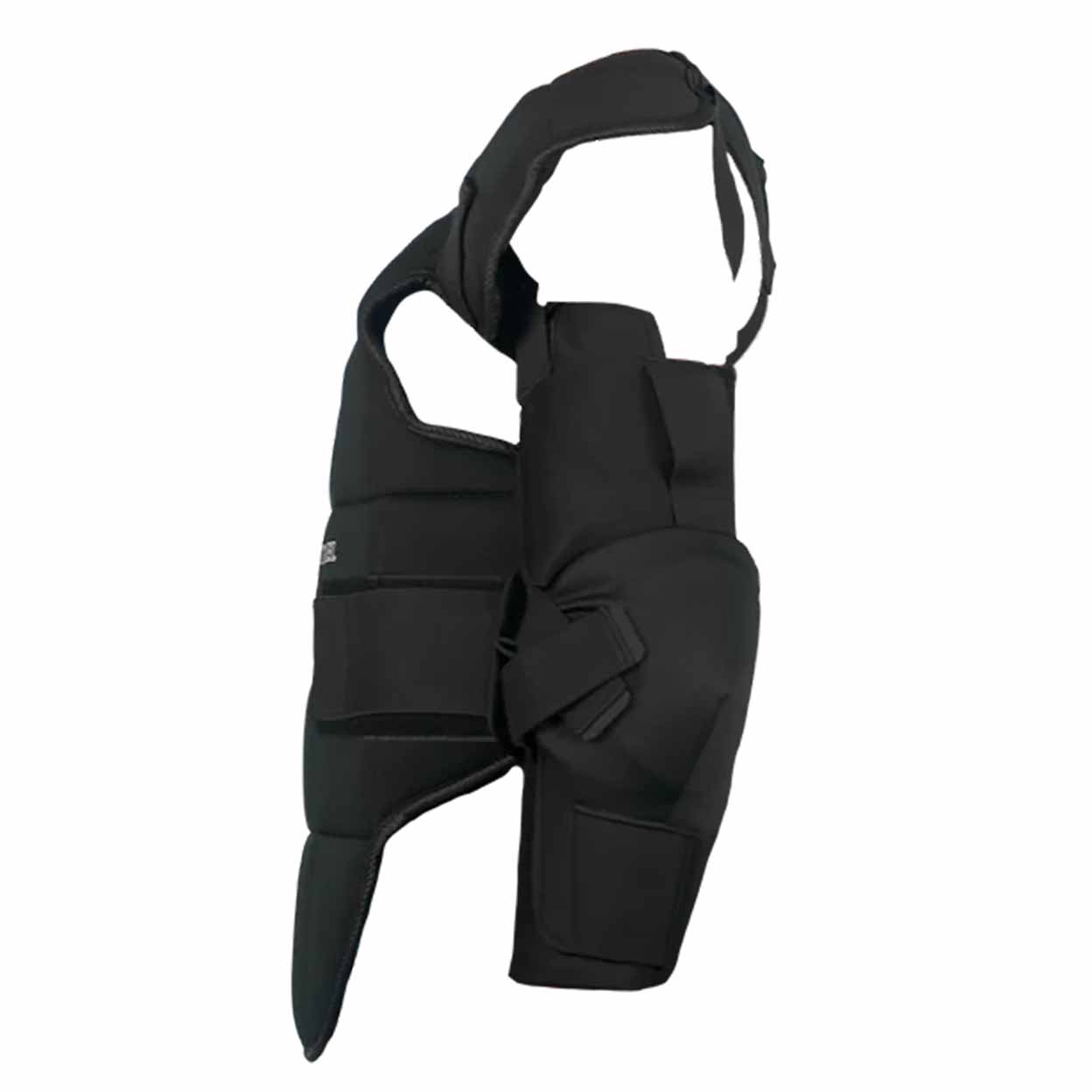 Side profile of the bodysuit showing the thickness of the arm and torso padding. The shoulder and elbow sections are visibly padded, and a strap is seen extending over the top for securing the suit.