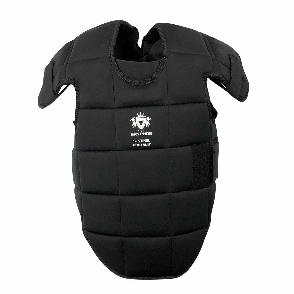 The same black goalkeeping bodysuit shown without the padded arms attached. The chest and abdomen padding remain, showcasing the detachable arm feature. The Gryphon logo and product name are visible in the center.