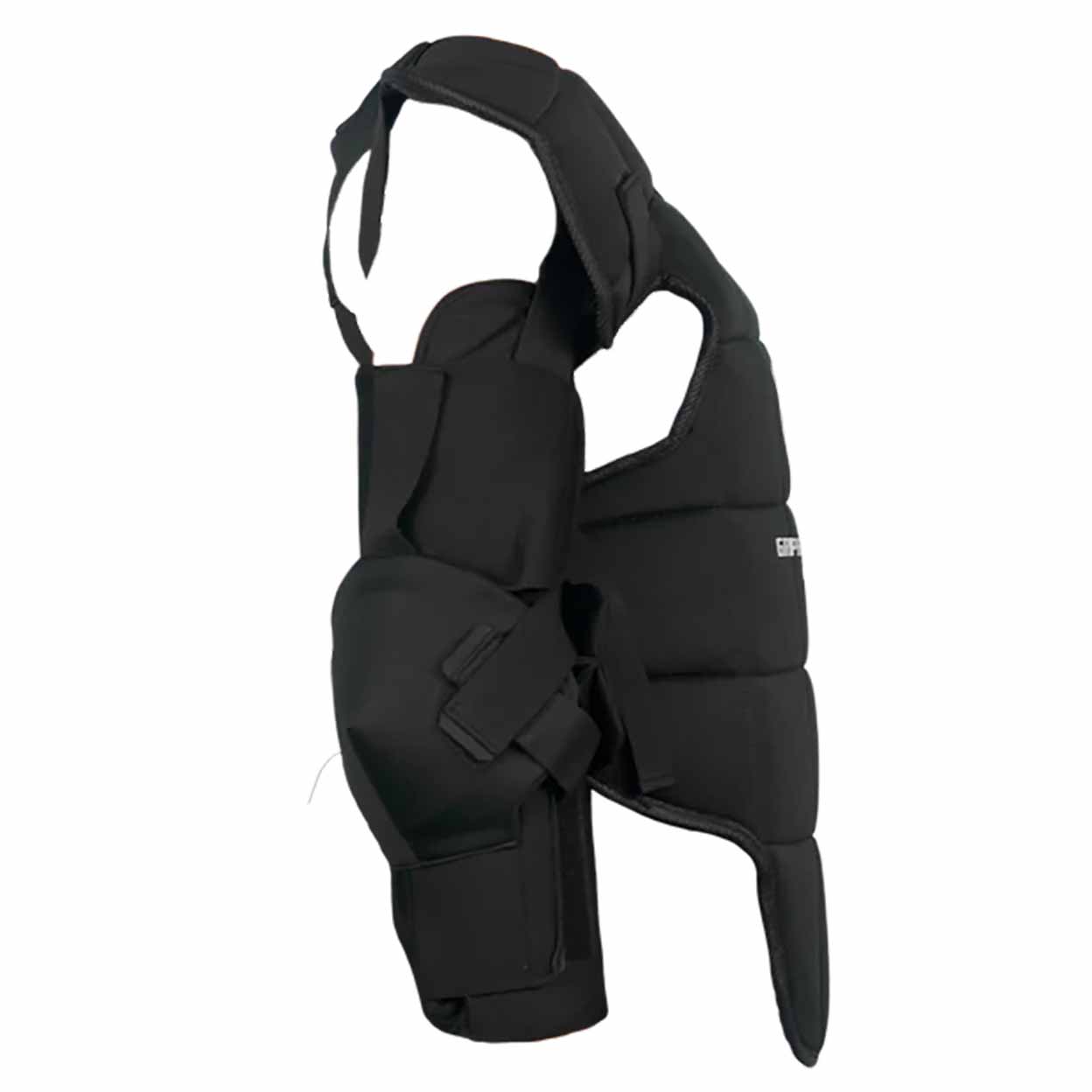 Opposite side profile displaying the structure and padding on the right arm and side. The elbow and forearm padding are prominent, with visible fastening straps, and the suit’s extended lower torso protection is clearly outlined.