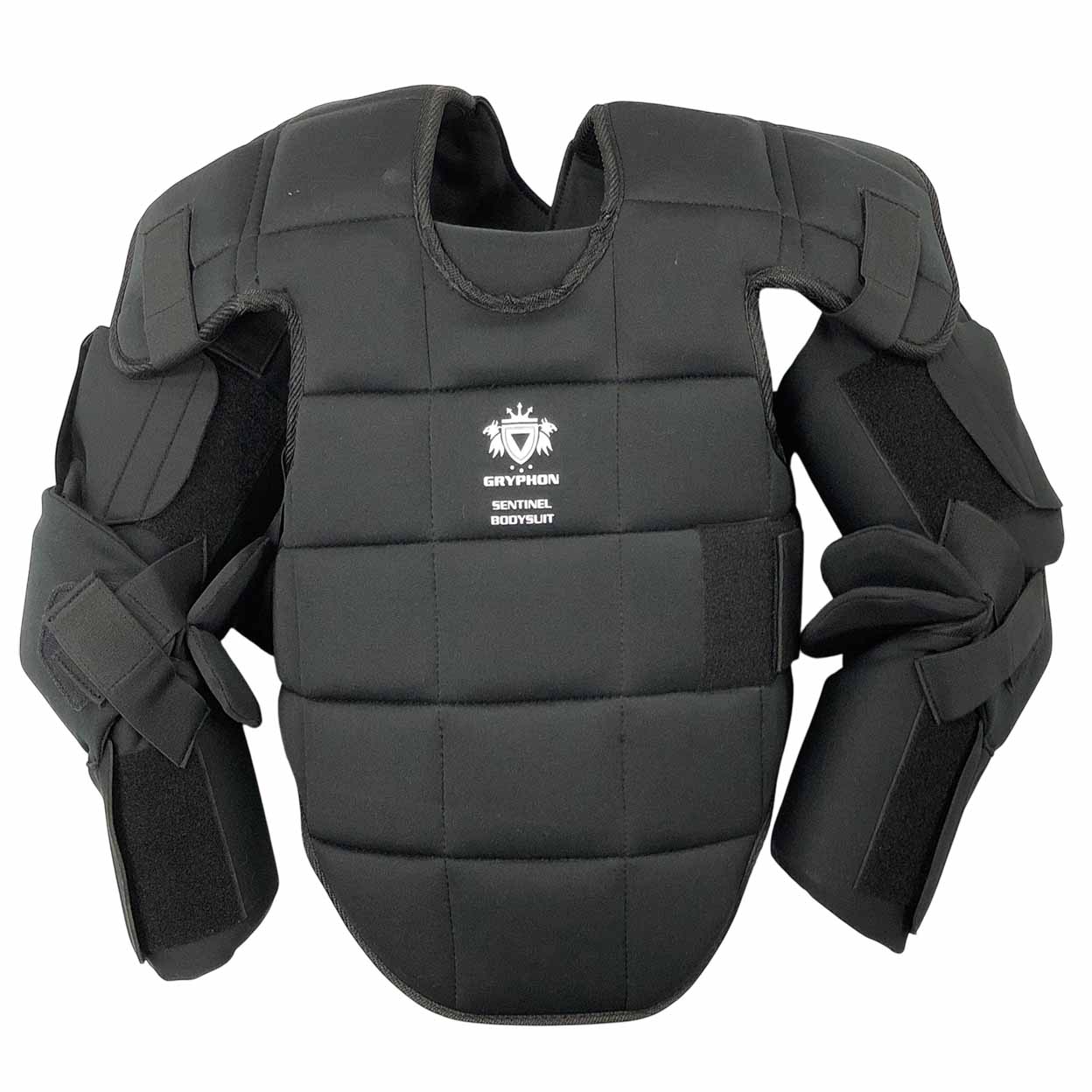 A padded black goalkeeping bodysuit with segmented chest and shoulder protection. The arms are fully attached and padded, with Velcro straps at the elbows and wrists. The Gryphon logo and the text “Gryphon Sentinel Bodysuit” are printed on the chest.