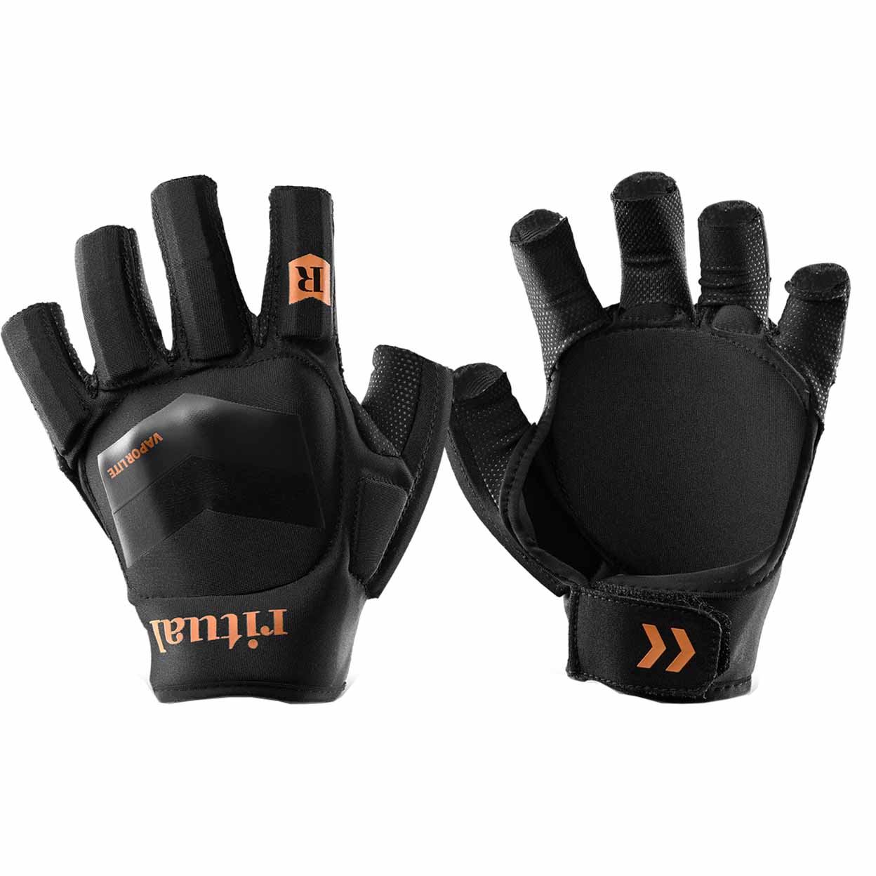 Pair of black gloves with orange branding on a white background