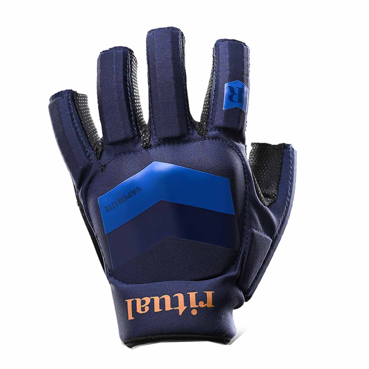 Navy blue and orange glove with 'ritual' branding on a white background