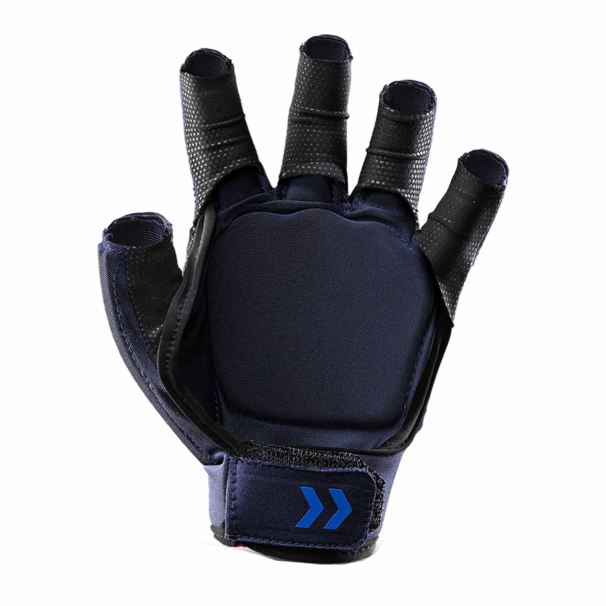 Black glove with blue logo on a white background