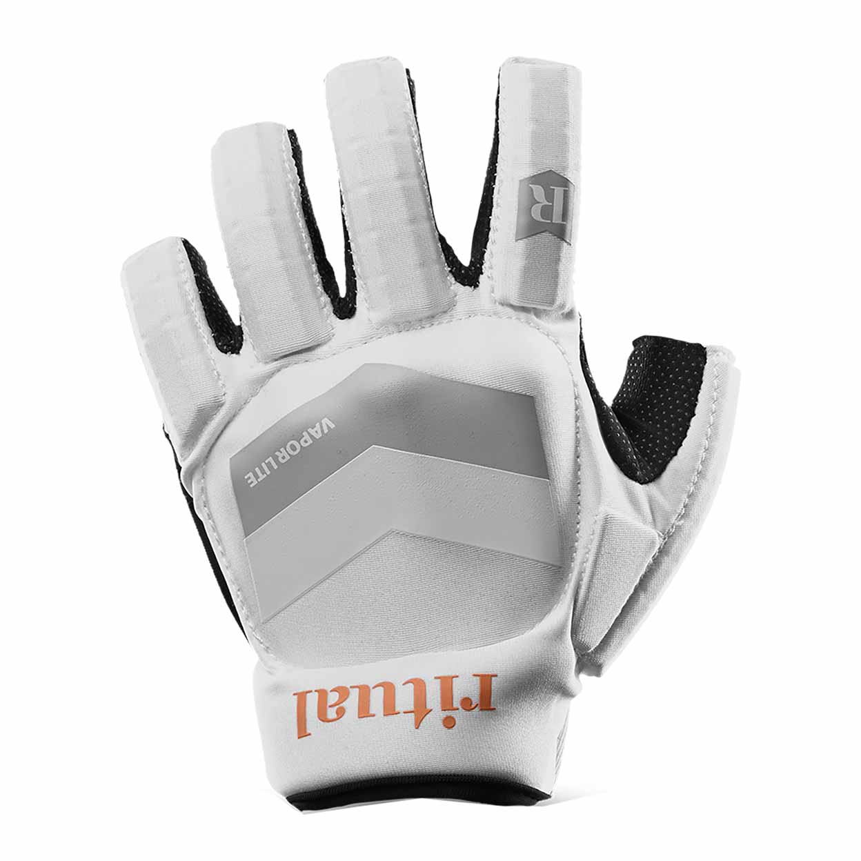 White field hockey glove with black accents on a white background