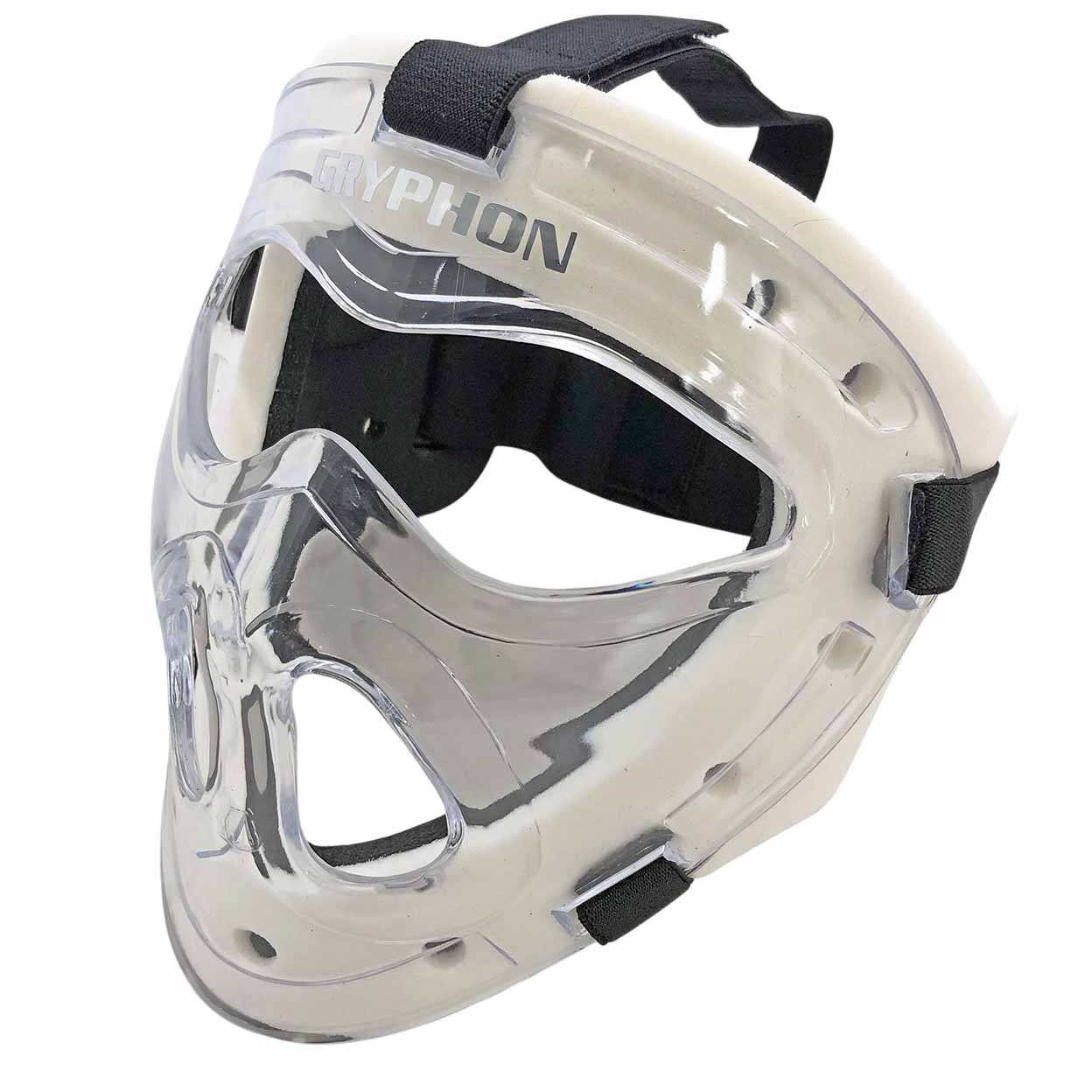 Clear face mask with black straps on a white background, featuring the brand Gryphon