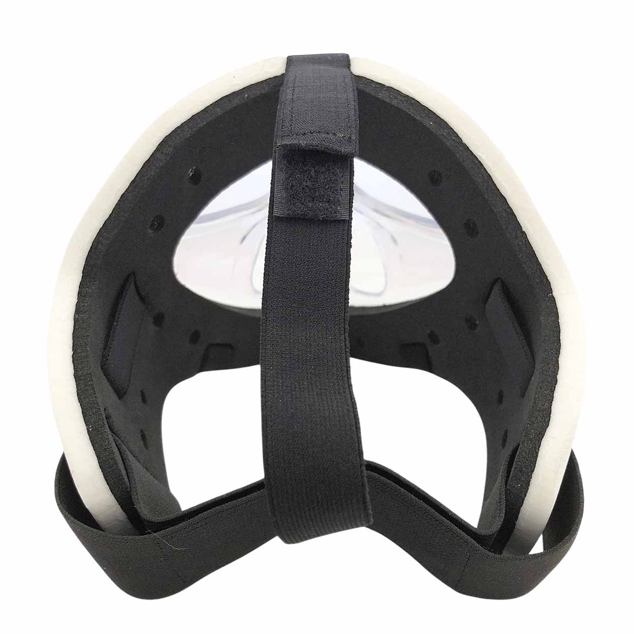 Black protective gear with white exterior on a white background