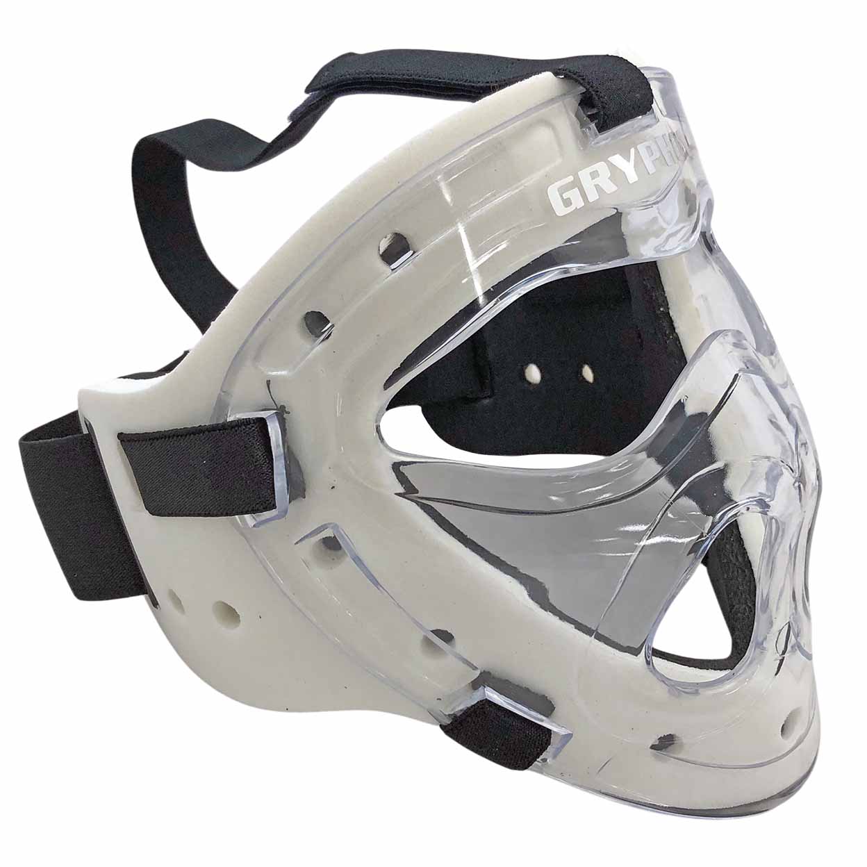 Clear protective mask with black straps on a white background, branded 'Gryphon'.