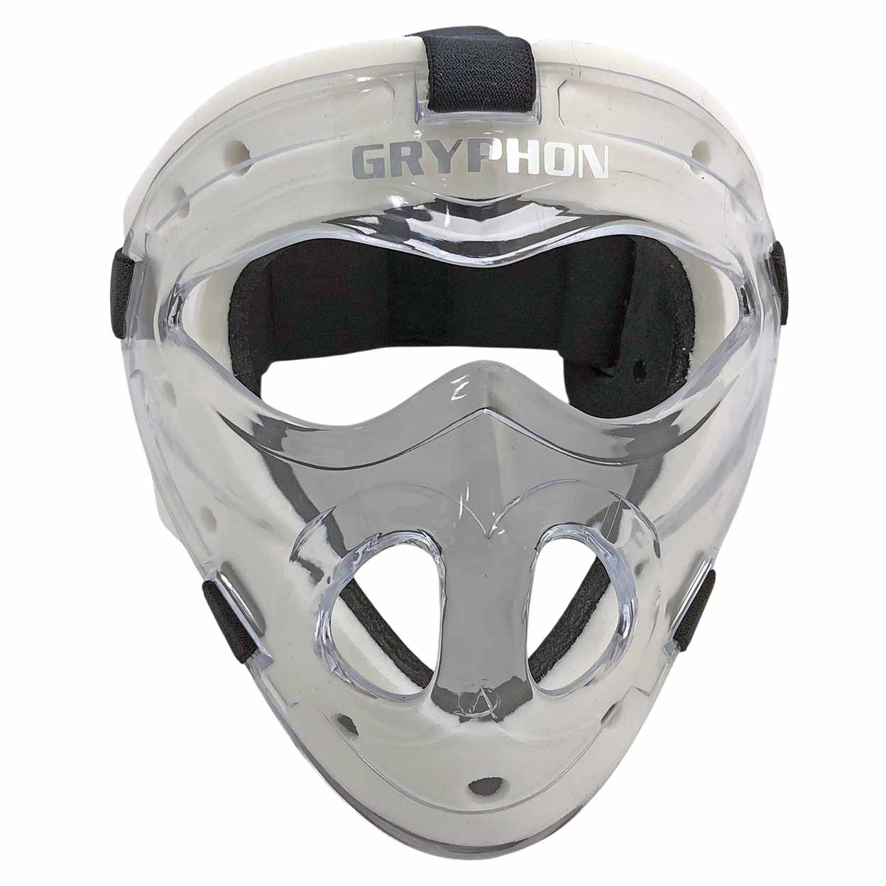Clear  field hockey mask with black accents and 'Gryphon' branding on a white background