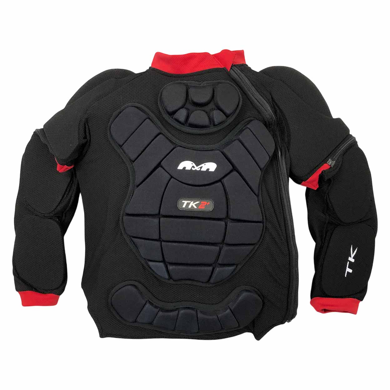 Black field hockey goalie chest protector with dense, segmented padding over the chest, shoulders, and arms. Red fabric lines the collar and cuffs. A zip closure is visible on the right side, and the center chest features the TK 2+ logo in gray and red.